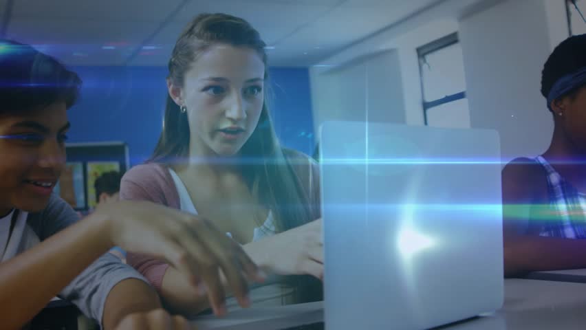 Two students typing and discussing in class, starting animated network forming with pulsing padlock. Collaboration, education, technology, data, connection, innovation, teamwork - Powered by Shutterstock - Get 15% off with code: PIKWIZARD15