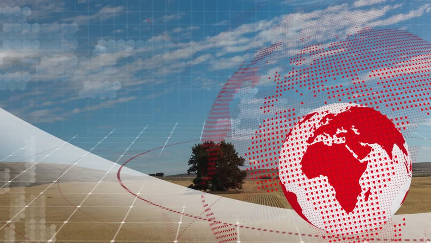 Ribbon sweeping triggers rotating globe circling continents showing data processing over hex grid. Geography, data visualization, technology, innovation, futurism, environmental, digital landscape - Powered by Shutterstock - Get 15% off with code: PIKWIZARD15