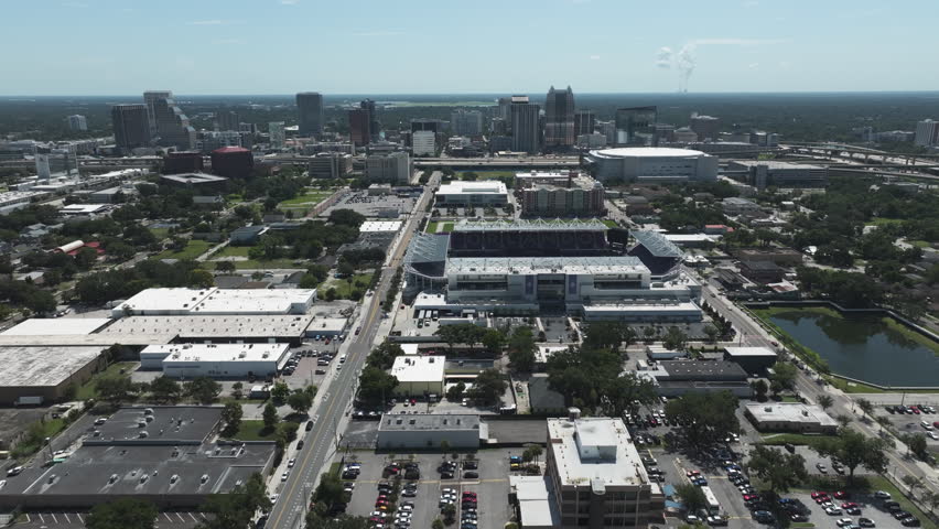 Aerial View Of Soccer Stadium And Downtown Skyline In Orlando, Florida, USA.