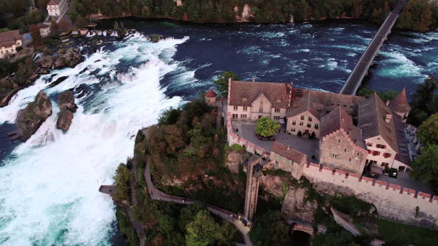 Aerial of Rhine Falls with castle in foreground, Schaffhausen, Switzerland