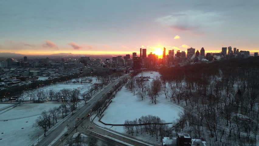 Amazing north america sunrise near downtown view during winter. Drone shot in early day. Montain view in background. 