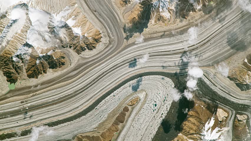 Aerial perspective on large glacier. Camera is moving forward. Animation based on image by NASA