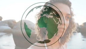 Woman on shore with globe fading in rotating continents and moving lens flares for eco marketing. Earth, sustainability, environment, contemplation, adventure, nature, travel - Powered by Shutterstock - Get 15% off with code: PIKWIZARD15