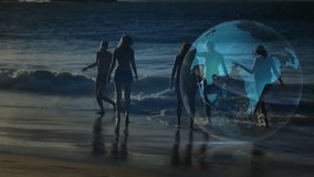 Five women walking shoreline after data beams emerging from ankles streaming into globe technology. Group, friendship, connection, digital, technology, ocean, sunset - Powered by Shutterstock - Get 15% off with code: PIKWIZARD15