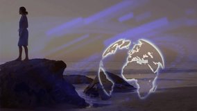 Woman approaching shore boulder during sunset sitting in meditation with globe and sweeping streaks. Seaside, tranquility, mindfulness, relaxation, navigation, contemplation, visual effects - Powered by Shutterstock - Get 15% off with code: PIKWIZARD15