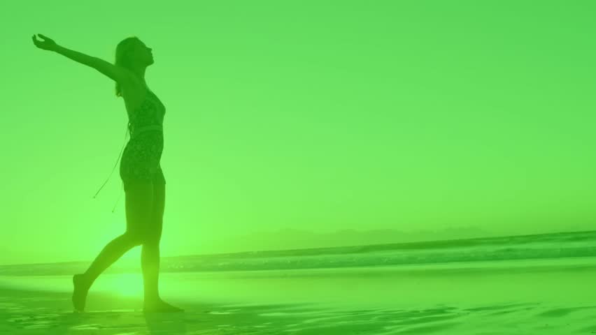 woman walking barefoot on beach line appearing tracing educational globe shading showing unity. Settlement, harmony, serenity, exploration, connectivity, mindfulness, environmental - Powered by Shutterstock - Get 15% off with code: PIKWIZARD15