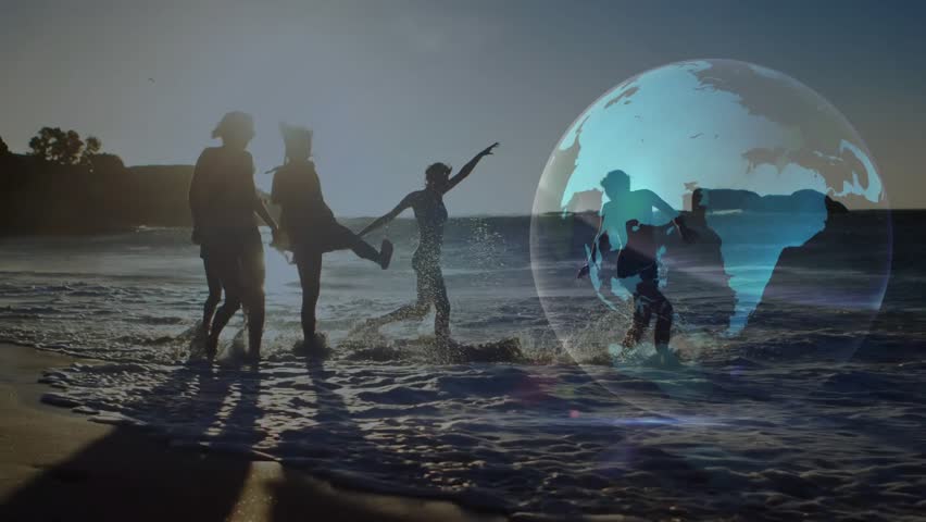 women strolling into surf at sunset starting technology globe fading and mapping dance movements. Females, beach, summer, holographic, globe, digital, connection - Powered by Shutterstock - Get 15% off with code: PIKWIZARD15