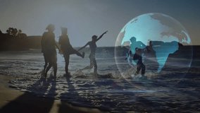 women strolling into surf at sunset starting technology globe fading and mapping dance movements. Females, beach, summer, holographic, globe, digital, connection - Powered by Shutterstock - Get 15% off with code: PIKWIZARD15
