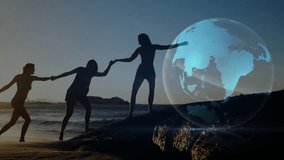 Sunset figure initiating group forming chain to climb while technology globe animating network arcs. Collaboration, unity, empowerment, connection, support, friendship, teamwork - Powered by Shutterstock - Get 15% off with code: PIKWIZARD15