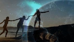 Lead woman reaching rock and pulling friends up while tech globe emerging showing network lines. Friendship, teamwork, support, unity, collaboration, digital, connectivity - Powered by Shutterstock - Get 15% off with code: PIKWIZARD15