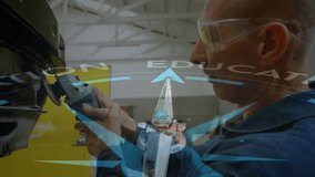 Technician picking grinder grinding sparks as EDUCATION arrow rotating showing progress. Industrial, craftsmanship, training, precision, apprenticeship, skills, safety - Powered by Shutterstock - Get 15% off with code: PIKWIZARD15