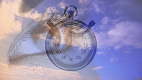 On start transparent stopwatch rotating second hand illustrating time passing over eye and sky. Digital art, conceptual, minimalistic, abstract, imagery, inspiration, motion - Powered by Shutterstock - Get 15% off with code: PIKWIZARD15