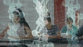 Teen male lifting tablet tapping screen generating molecular data strands for science education. Learning, technology, innovation, education, digital, collaboration, stem - Powered by Shutterstock - Get 15% off with code: PIKWIZARD15