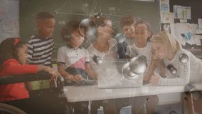 Teacher clicking laptop showing molecular network and students pointing tablets exploring science. Educational, collaborative, digitallearning, stem, classroom, interactive, diverse - Powered by Shutterstock - Get 15% off with code: PIKWIZARD15