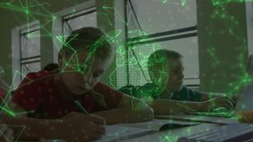 child typing on laptop at nook initiating green data network overlay illustrating global education. Digital, technology, collaboration, education, innovation, connectivity, study - Powered by Shutterstock - Get 15% off with code: PIKWIZARD15