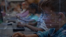 Teacher entering guiding boy typing on keyboard in school while camera panning peers under overlay. Education, technology, classroom, students, collaboration, digital, learning - Powered by Shutterstock - Get 15% off with code: PIKWIZARD15