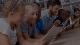 Students and teacher tapping tablets and starting bar chart flowing across library table. Education, collaboration, technology, data, learning, innovation, youth - Powered by Shutterstock - Get 15% off with code: PIKWIZARD15