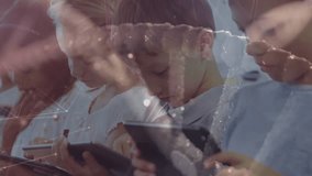 Four children tapping tablet screens and unlocking devices activating learning network overlay. Technology, education, collaboration, innovation, digital, classroom, interactivity - Powered by Shutterstock - Get 15% off with code: PIKWIZARD15