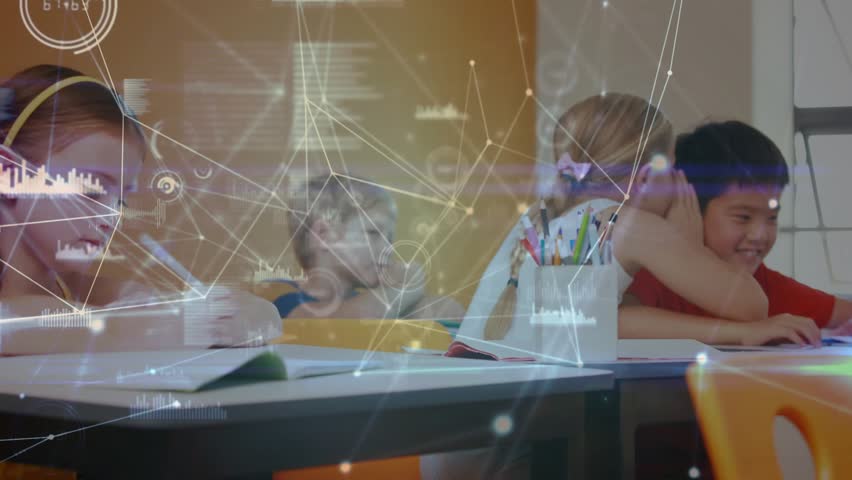 Elementary students writing at school desk, animated network graphics fading in playful interaction. Collaborative, education, teamwork, innovation, youthful, kinetic, learning