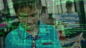 Boy sitting at desk tapping tablet and activating green code grid enhancing classroom learning. Technology, education, innovation, digital, youth, insight, engagement - Powered by Shutterstock - Get 15% off with code: PIKWIZARD15