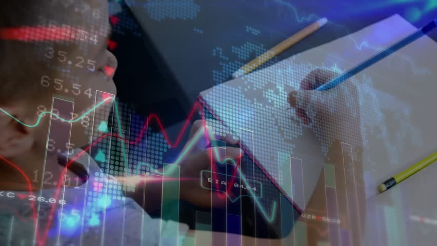 Boy writing in notebook, erasing notes causing financial charts fading in and guiding analysis. Children, education, analytics, learning, finance, creativity, data visualization - Powered by Shutterstock - Get 15% off with code: PIKWIZARD15