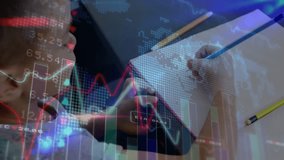 Boy writing in notebook, erasing notes causing financial charts fading in and guiding analysis. Children, education, analytics, learning, finance, creativity, data visualization - Powered by Shutterstock - Get 15% off with code: PIKWIZARD15