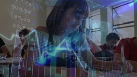 Girl writing in classroom initiating animated finance charts shifting then focusing on boy writing. Education, classroom, data visualization, analytics, teamwork, innovation, technology - Powered by Shutterstock - Get 15% off with code: PIKWIZARD15