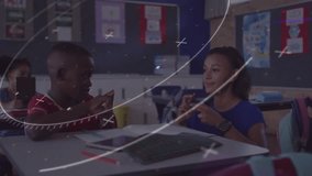 Teacher filming students signing in classroom to practice communication, spark graphics swirling. Education, communication, inclusion, diversity, learning, interaction, amity - Powered by Shutterstock - Get 15% off with code: PIKWIZARD15