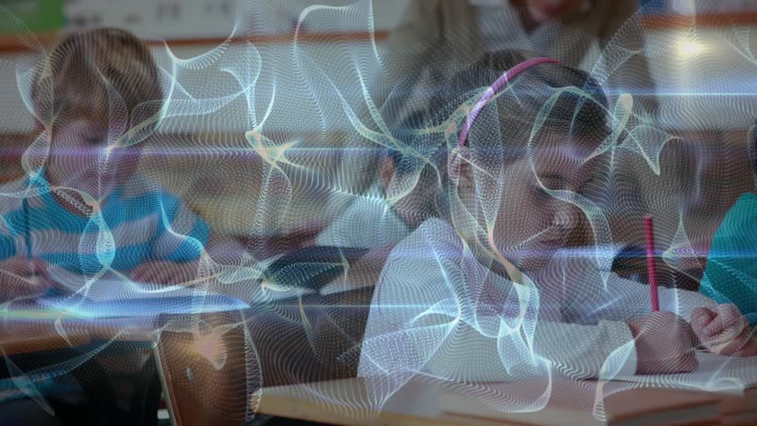 Digital wave overlay rippling in education driving teacher walking desks supporting girl writing. Classroom, students, education, digital, learning, teaching, innovation - Powered by Shutterstock - Get 15% off with code: PIKWIZARD15