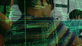 Camera panning across writing students under code overlay revealing gray-hooded boy smiling. Tech education, digital learning, classroom technology, student concentration, modern school, youthful - Powered by Shutterstock - Get 15% off with code: PIKWIZARD15