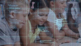 Boy tapping code overlay shifting to reveal peers flipping book and typing on laptop for education. Children, education, digital learning, teamwork, innovation, classroom, collaboration - Powered by Shutterstock - Get 15% off with code: PIKWIZARD15