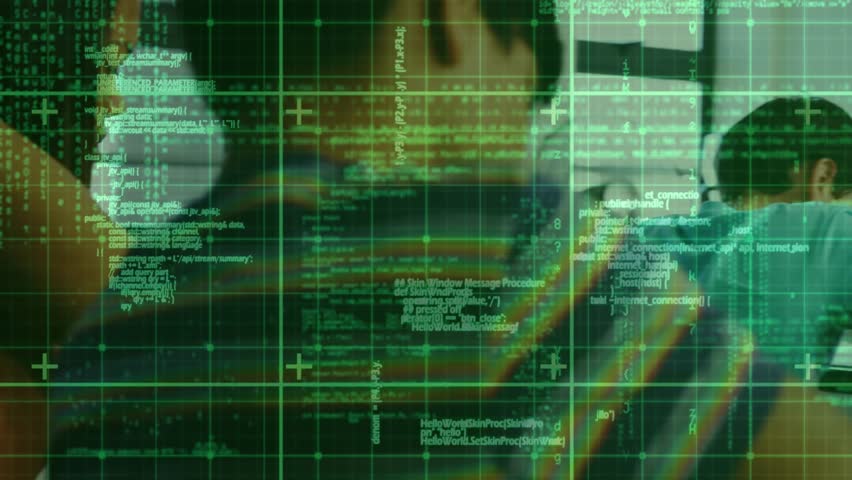 Teen in hoodie coding in education classroom spotting code overlay intensifying and smiling. Students, education, digital, technology, concentration, innovation, learning - Powered by Shutterstock - Get 15% off with code: PIKWIZARD15