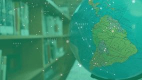 On data overlay fading in, digital particles circling globe rotating to visualize realtime mapping. Geography, data visualization, technology, networking, information, innovation, modern - Powered by Shutterstock - Get 15% off with code: PIKWIZARD15