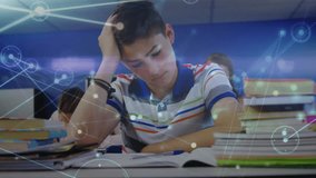 Teenage boy studying, girl reading in school while digital network overlay fading in linking books. Education, e-learning, digital, collaboration, innovation, classroom, technology - Powered by Shutterstock - Get 15% off with code: PIKWIZARD15