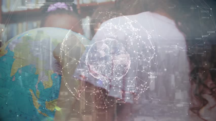 Woman placing globe and guiding children rotating it to learn geography with digital overlay. Education, exploration, collaborative, knowledge, innovation, digital, interaction - Powered by Shutterstock - Get 15% off with code: PIKWIZARD15