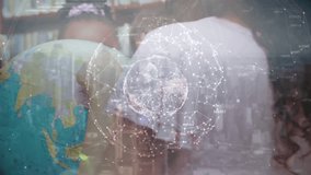 Woman placing globe and guiding children rotating it to learn geography with digital overlay. Education, exploration, collaborative, knowledge, innovation, digital, interaction - Powered by Shutterstock - Get 15% off with code: PIKWIZARD15