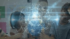 Teacher placing hand on globe, students reaching it, hologram forming, showing education network. Learning, exploration, enhancement, interaction, innovation, curiosity, collaboration - Powered by Shutterstock - Get 15% off with code: PIKWIZARD15