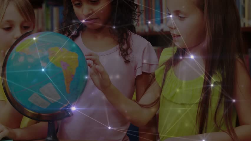 Students exploring globe in library with center student turning it activating network overlay. Education, collaboration, exploration, curiosity, learning, innovation, youthful - Powered by Shutterstock - Get 15% off with code: PIKWIZARD15