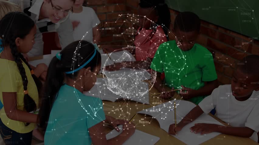 Teacher pointing at student sketching, guiding art with digital globe overlay floating. Creativity, collaboration, education, modern, community, inspiration, learning