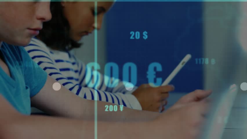 Children tapping tablets initiating gridlines and floating money icons while growing finance graph. Education, digital learning, data visualization, classroom technology, youth, age-appropriate, - Powered by Shutterstock - Get 15% off with code: PIKWIZARD15