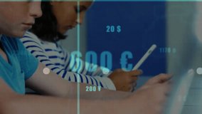 Children tapping tablets initiating gridlines and floating money icons while growing finance graph. Education, digital learning, data visualization, classroom technology, youth, age-appropriate, - Powered by Shutterstock - Get 15% off with code: PIKWIZARD15