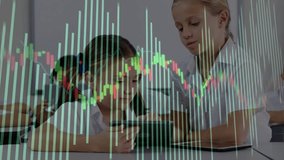 Teacher leaning guiding student tapping tablet while finance chart overlay fluctuating in classroom. Education, technology, learning, digital, classroom, data, analysis - Powered by Shutterstock - Get 15% off with code: PIKWIZARD15