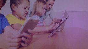 Children tapping smart devices with mother guiding, activating tech grid with line graph, 3D bars. Family, technology, educational, data, visualization, interactivity, learning - Powered by Shutterstock - Get 15% off with code: PIKWIZARD15