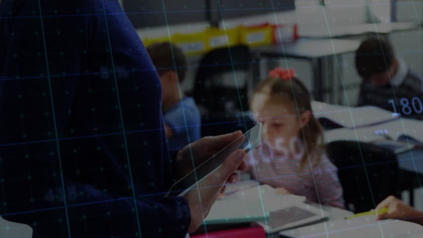 Teacher gesturing with tablet in classroom displaying shifting data graphs engaging students notes. Education, digital learning, data visualization, classroom, teamwork, technology, student engagement - Powered by Shutterstock - Get 15% off with code: PIKWIZARD15