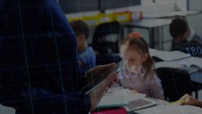 Teacher gesturing with tablet in classroom displaying shifting data graphs engaging students notes. Education, digital learning, data visualization, classroom, teamwork, technology, student engagement - Powered by Shutterstock - Get 15% off with code: PIKWIZARD15