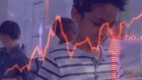 Child boy tapping tablet screen in classroom activating red finance graphs over peers laptops. Learning, technology, education, digital, collaboration, analytics, innovation - Powered by Shutterstock - Get 15% off with code: PIKWIZARD15