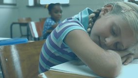 Child sleeping on notebook during drifting education chart icons across desks classmates writing. Classmates, education, learning, school, data visualization, productivity, focus - Powered by Shutterstock - Get 15% off with code: PIKWIZARD15