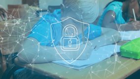 Students writing at desks for security lesson with teacher guiding while padlock icon flickering. Education, classroom, learning, collaboration, concentration, mentorship, study - Powered by Shutterstock - Get 15% off with code: PIKWIZARD15