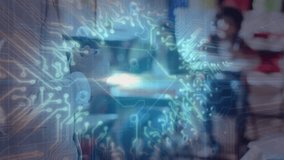 Teacher tapping tablet and gesturing to students in classroom projecting brain hologram for lesson. Education, technology, innovation, learning, interactive, science, futuristic - Powered by Shutterstock - Get 15% off with code: PIKWIZARD15