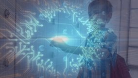 Boy activating holographic circuits on lockers projecting floating pound symbols for finance demo. Futuristic, technology, innovation, digital, learning, childhood, educational - Powered by Shutterstock - Get 15% off with code: PIKWIZARD15